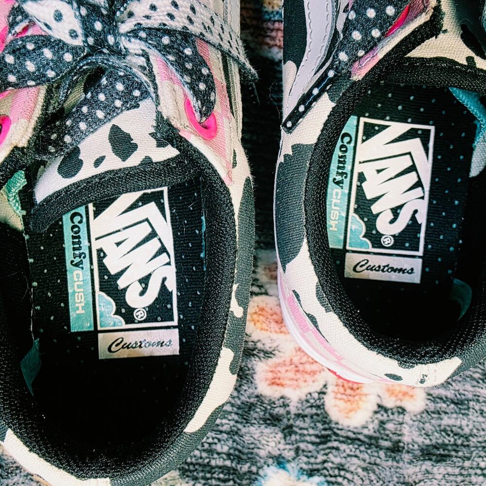 Vans Old Skool ComfyCush Customs Cow Print Pink Checkerboard Sneakers Size 7 - Picture 9 of 13